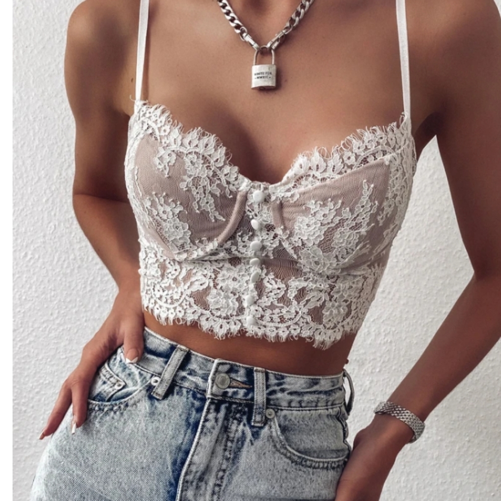 White Fox white bustier lace crop top
